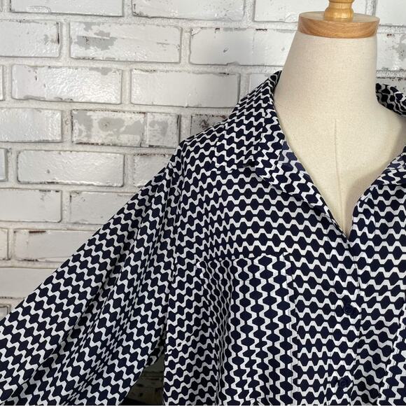Tommy Hilfiger Navy Blue & White Geometric Print Long Sleeve Button Down Blouse - Picture 1 of 10